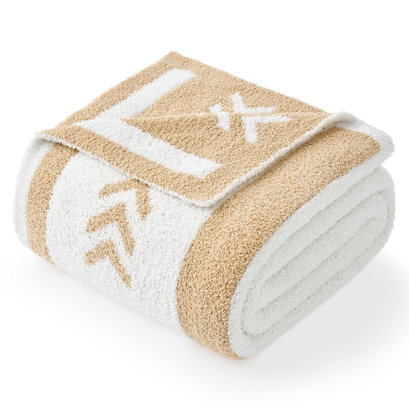 Folded Snuggle Sacs Reversible Boho Feather Yarn Knit Throw Blanket#color_beige