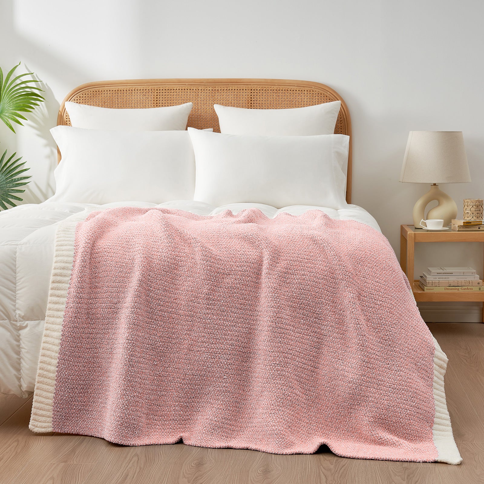  Snuggle Sac Heather Feather Yarn Knit Throw Blanket on the bed#Color_Pink