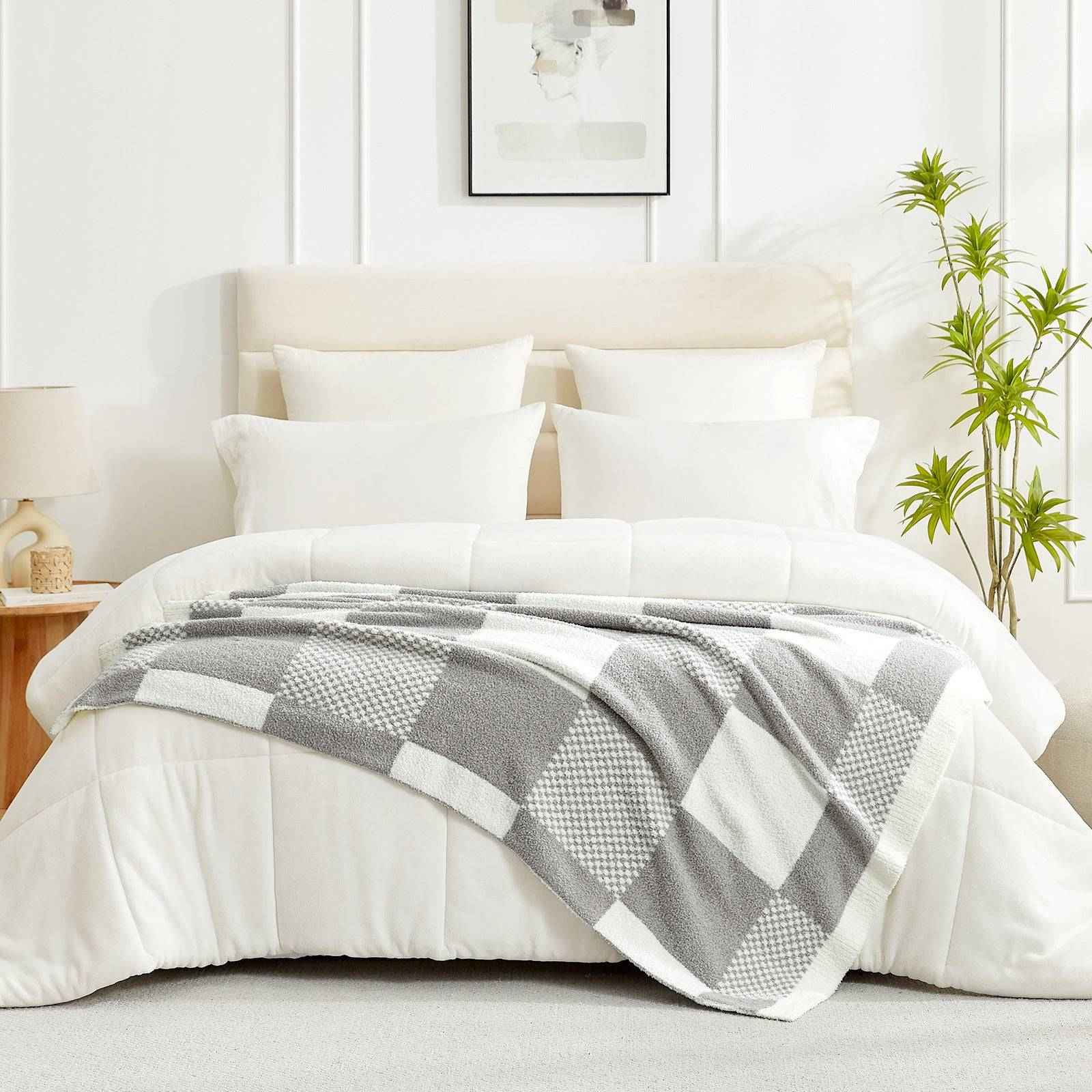 Snuggle Sac Checkered Feather Yarn Knit Throw Blanket on the bed#Color_Grey
