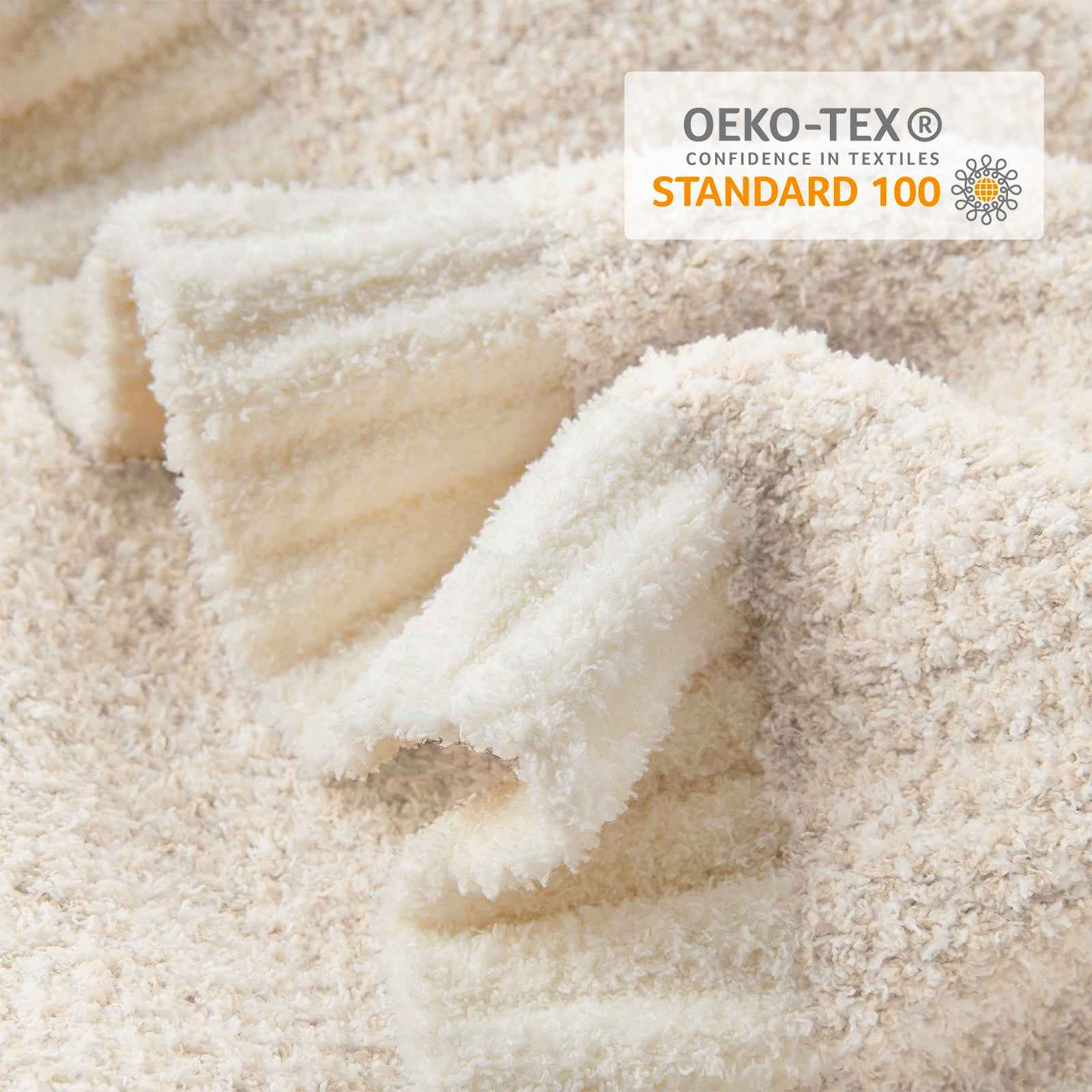 Close up of Snuggle Sac Heather Feather Yarn Knit Throw Blanket# with OEKO-TEX Certificate #Color_Ivory