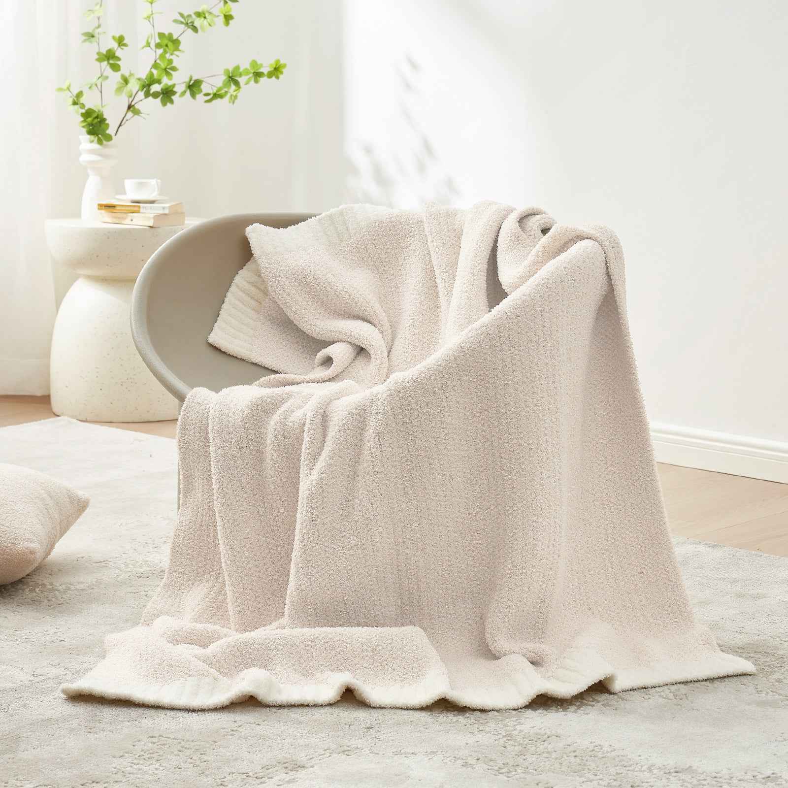 Snuggle Sac Heather Feather Yarn Ivory Knit Throw Blanket  on the chair#Color_Ivory