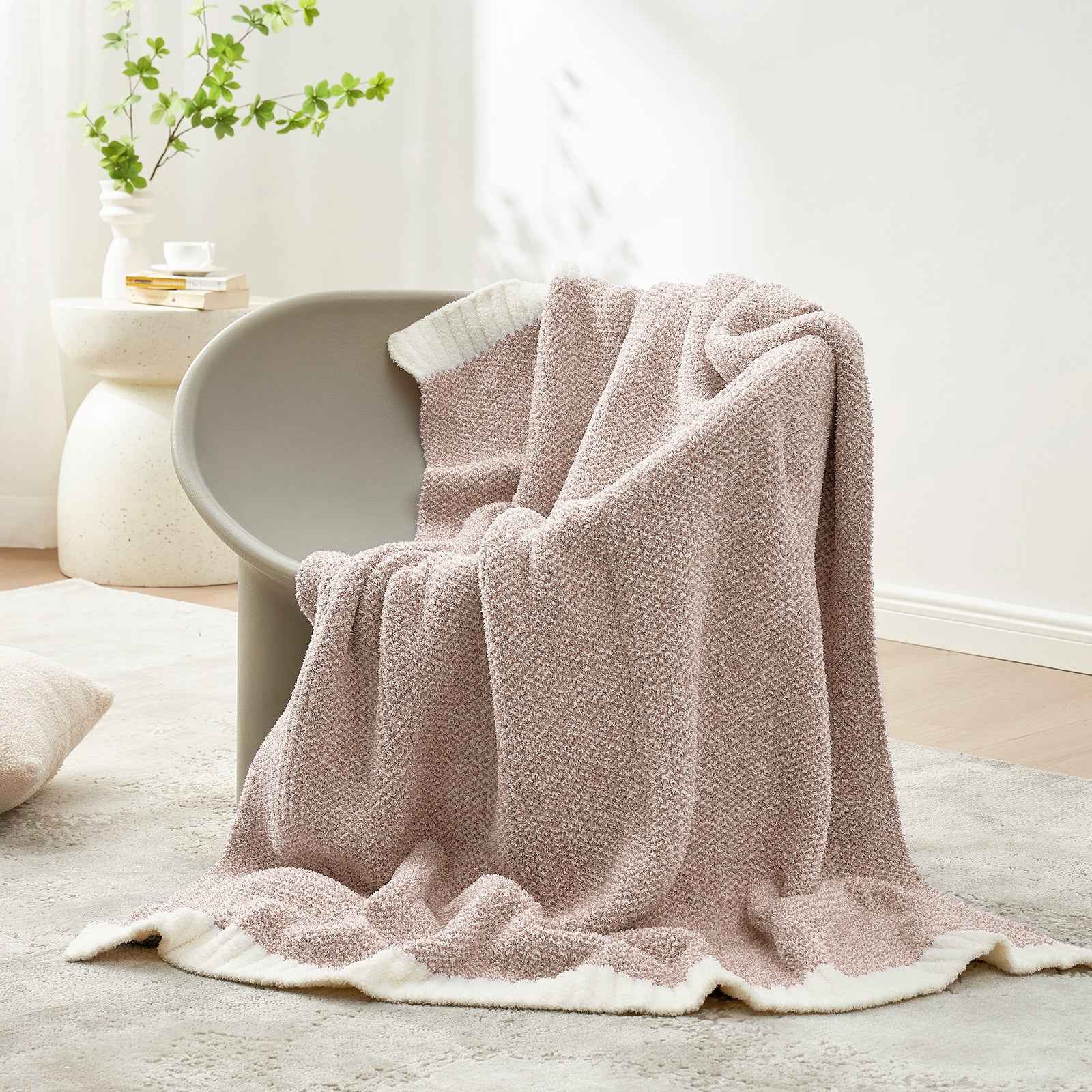 Snuggle Sac Heather Feather Yarn Taupe Knit Throw Blanket  on the chair#Color_Taupe
