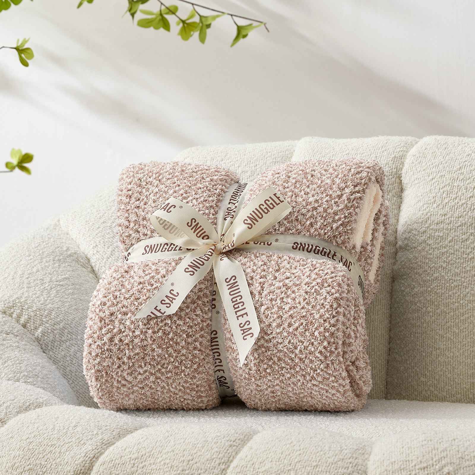 Snuggle Sac Heather Feather Yarn Taupe Knit Throw Blanket wrapped as a perfect gift for people#Color_Taupe