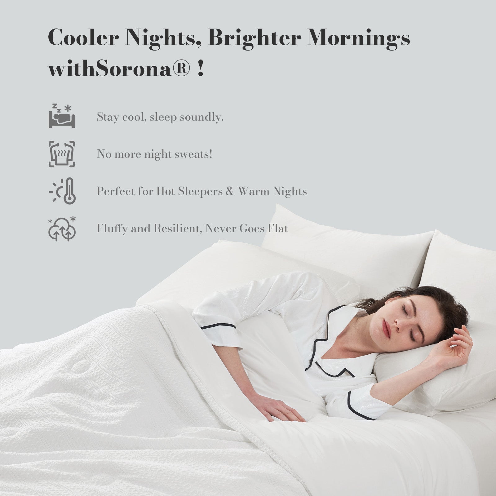 Woman sleeping under a Snuggle Sac white comforter with text about cooler fabric #color_White