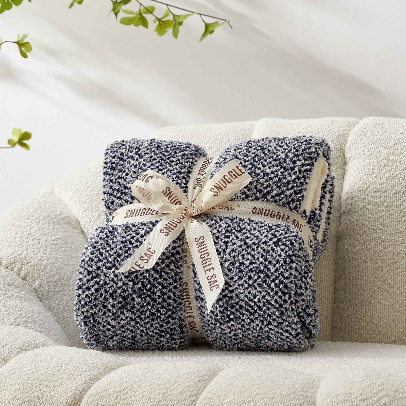 Snuggle Sac Heather Feather Yarn Dark Blue Knit Throw Blanket wrapped as a perfect gift for people #Color_Dark Blue