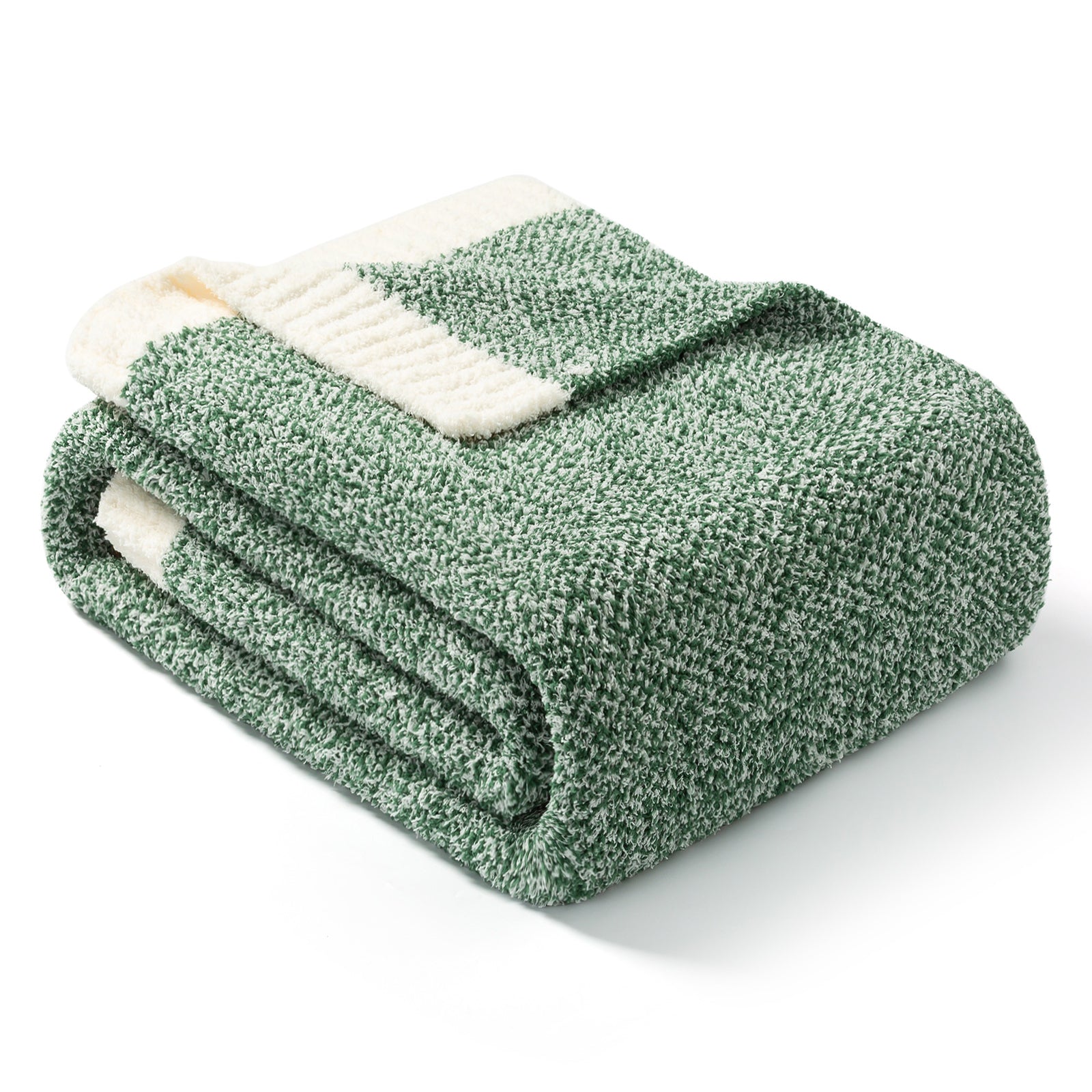 Folded Snuggle Sac Heather Feather Yarn Heather Green Knit Throw Blanket front view#Color_Heather Green