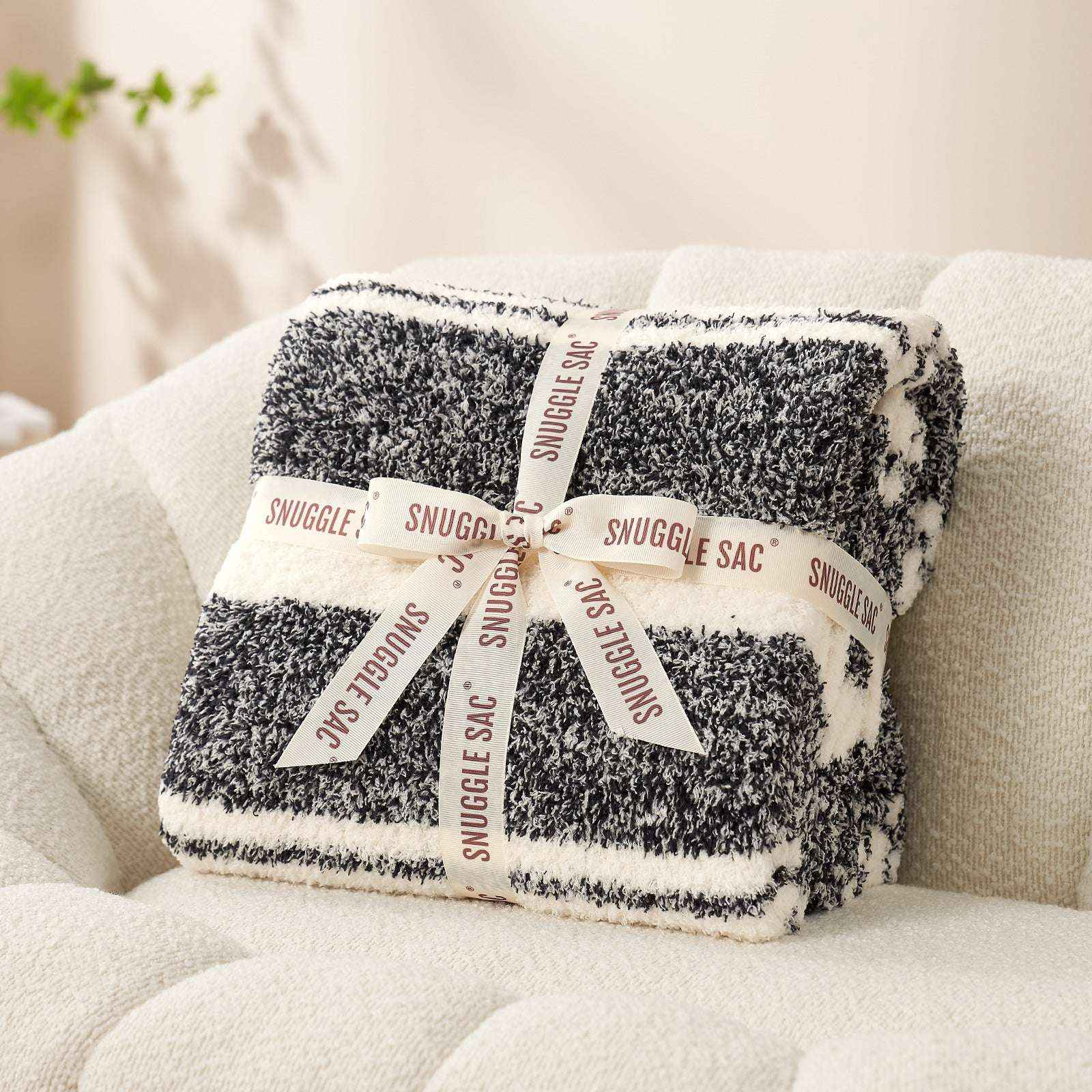 Striped Feather Yarn Knit Throw Blanket wrapped as a perfect gift #Color_Black